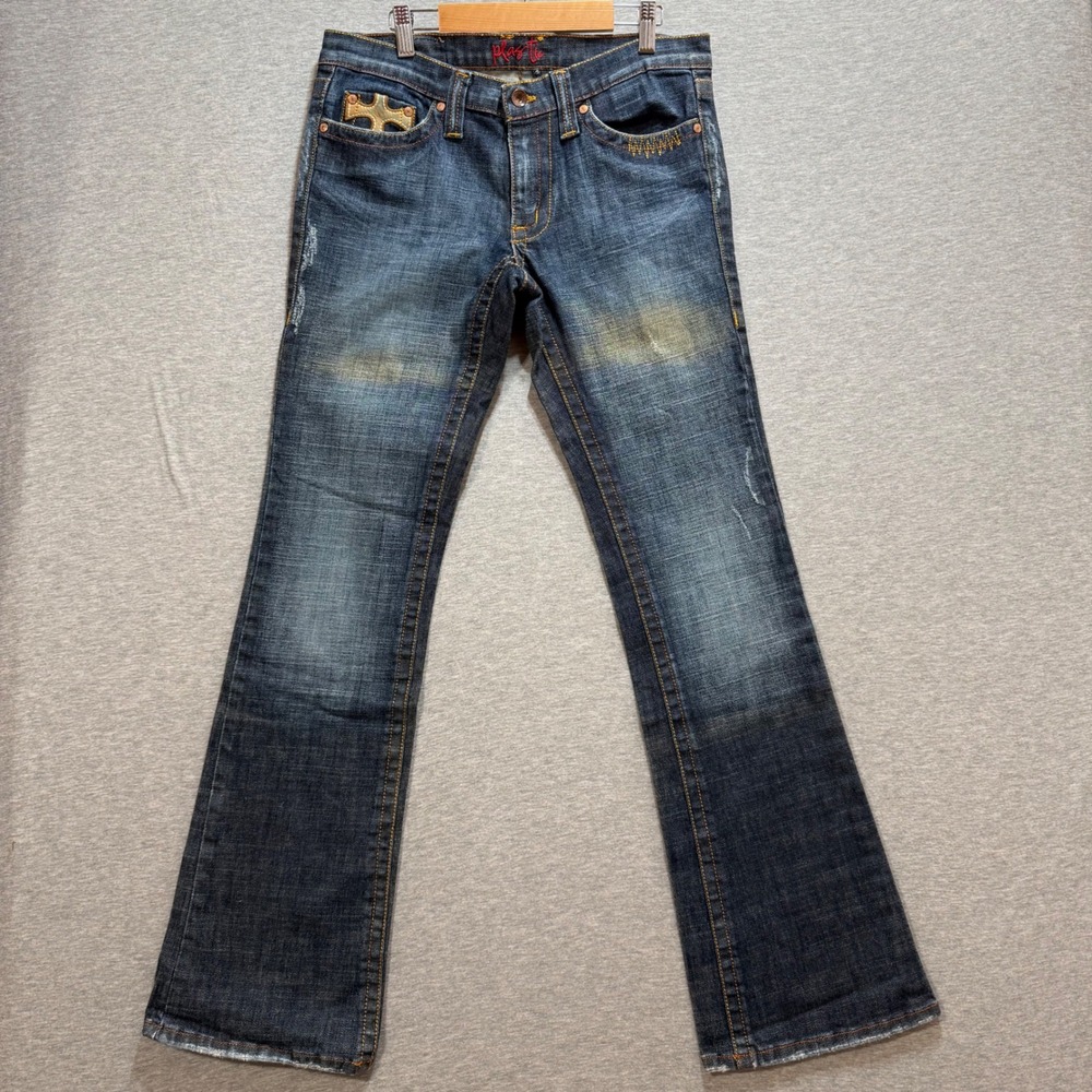 Plastic by Gly Flare Jeans Women 11 Blue Y2K Cross Leather Applique Western